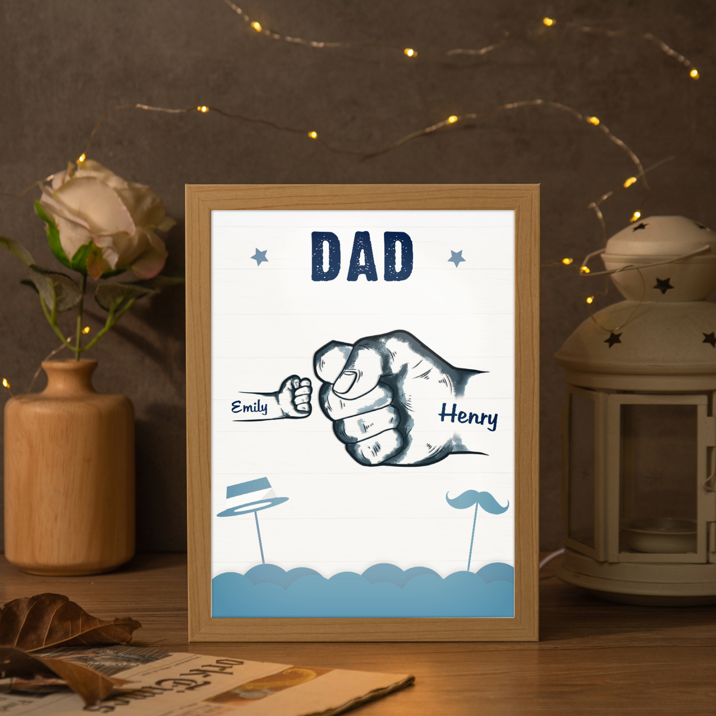 2 Names-Personalized Dad LED Light Fist Wooden Photo Frame -Custom Text & Names, Adjustable 3 Colors