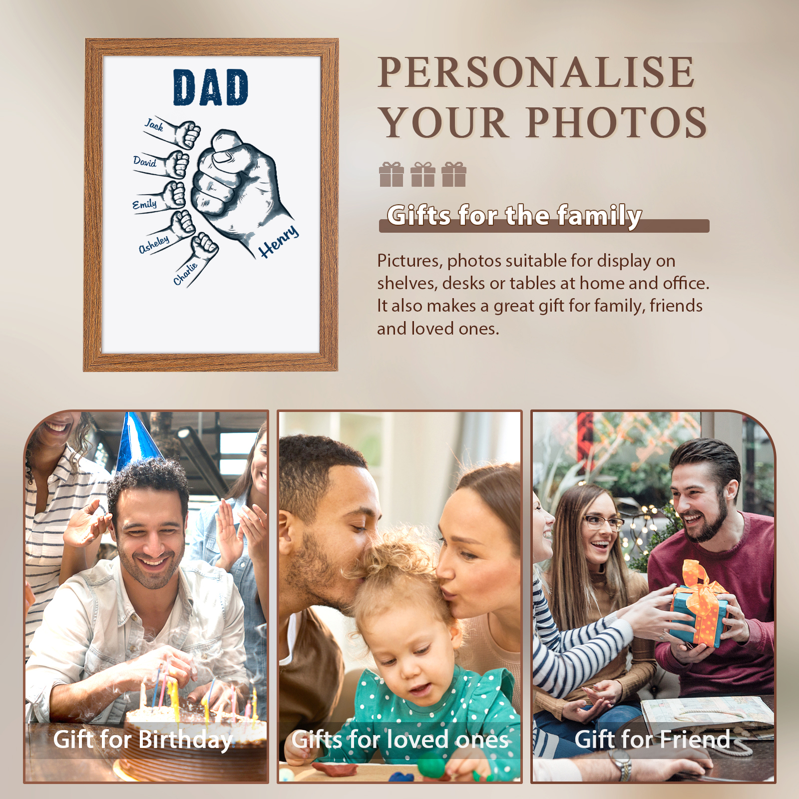 6 Names-Personalized Dad LED Light Fist Wooden Photo Frame -Custom Text & Names, Adjustable 3 Colors