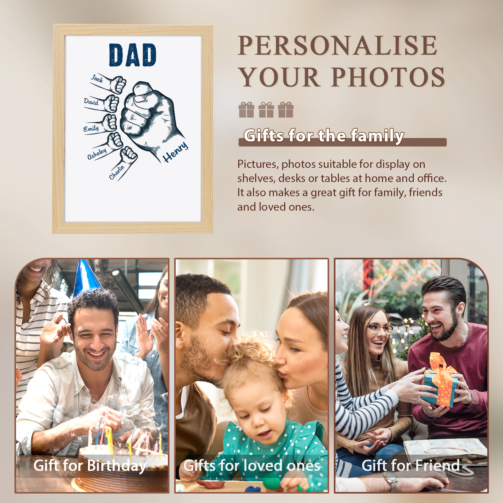 6 Names-Personalized Dad LED Light Fist Wooden Photo Frame -Custom Text & Names, Adjustable 3 Colors