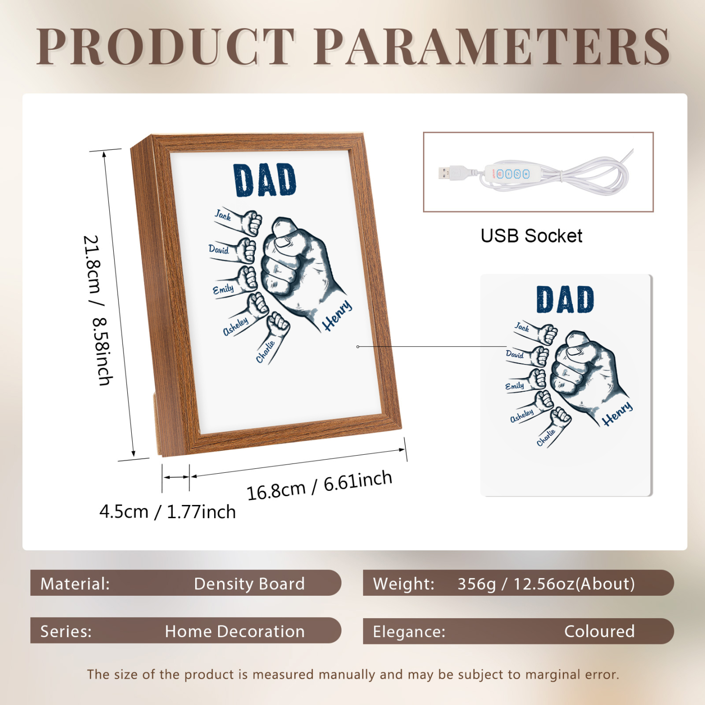 6 Names-Personalized Dad LED Light Fist Wooden Photo Frame -Custom Text & Names, Adjustable 3 Colors
