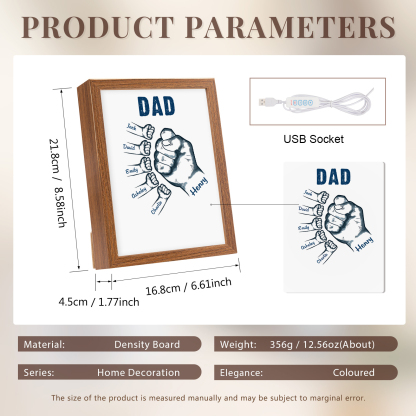 6 Names-Personalized Dad LED Light Fist Wooden Photo Frame -Custom Text & Names, Adjustable 3 Colors