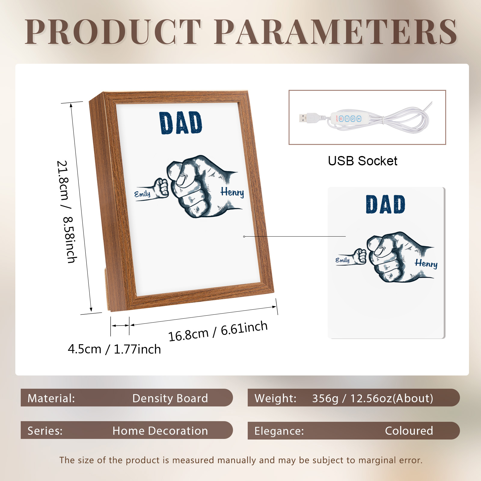 2 Names-Personalized Dad LED Light Fist Wooden Photo Frame -Custom Text & Names, Adjustable 3 Colors