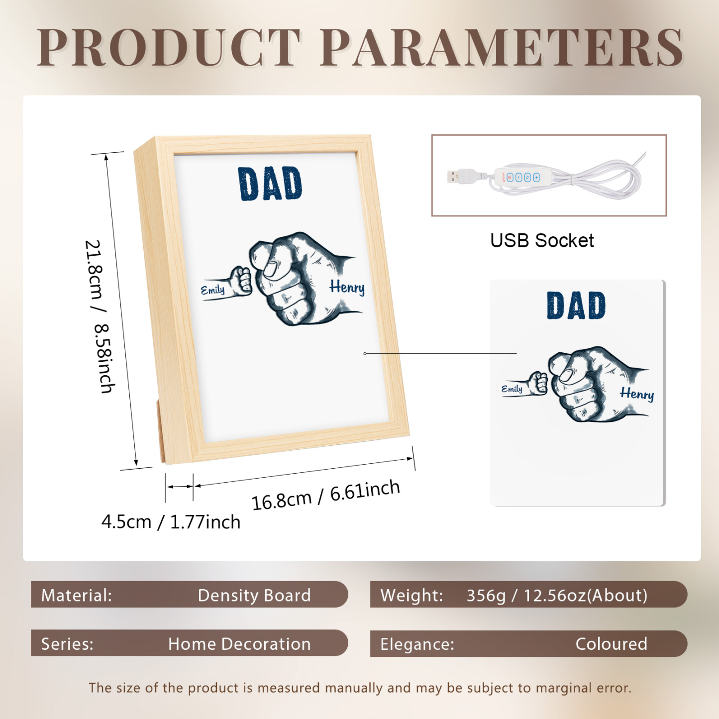 2 Names-Personalized Dad LED Light Fist Wooden Photo Frame -Custom Text & Names, Adjustable 3 Colors