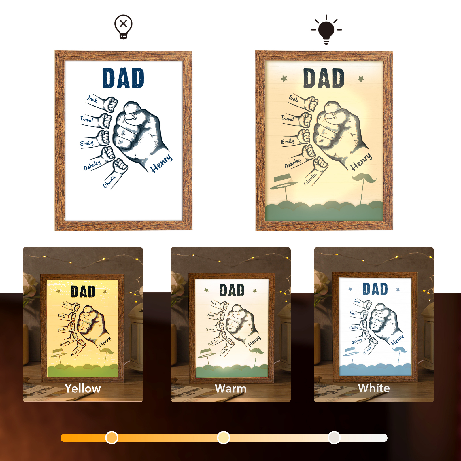 6 Names-Personalized Dad LED Light Fist Wooden Photo Frame -Custom Text & Names, Adjustable 3 Colors