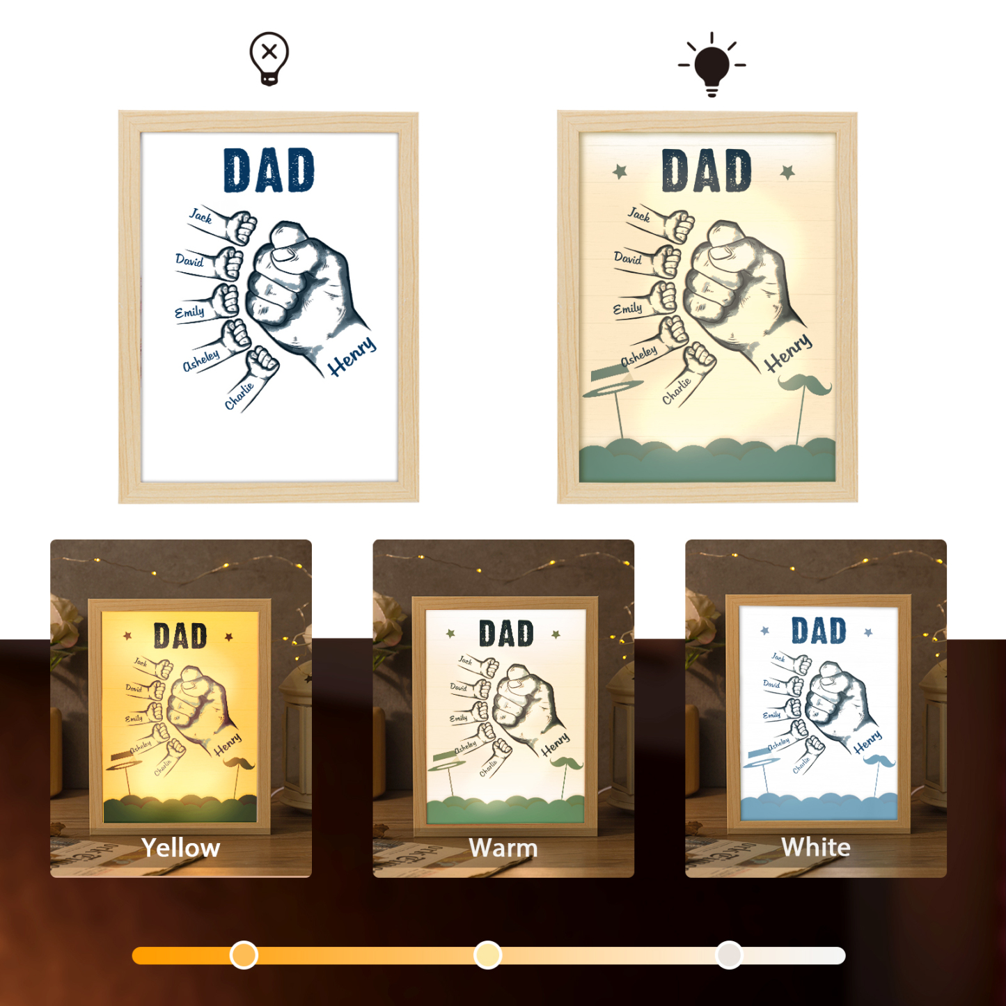 6 Names-Personalized Dad LED Light Fist Wooden Photo Frame -Custom Text & Names, Adjustable 3 Colors
