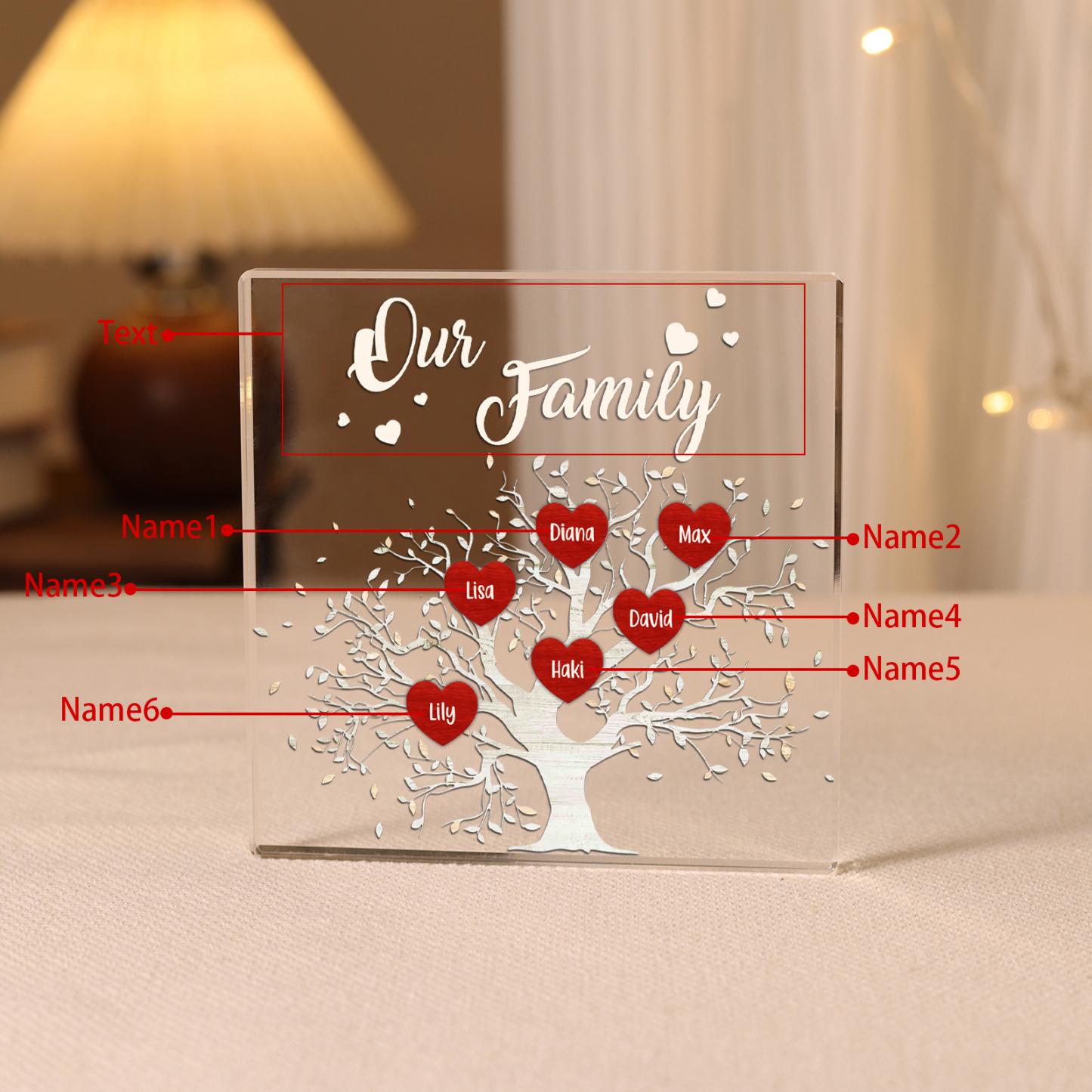 6 Names-Personalised Acrylic Family Tree Keepsake-Custom Text and Names-Acrylic Plaque Home Decoration Gift for Dad/Grandad