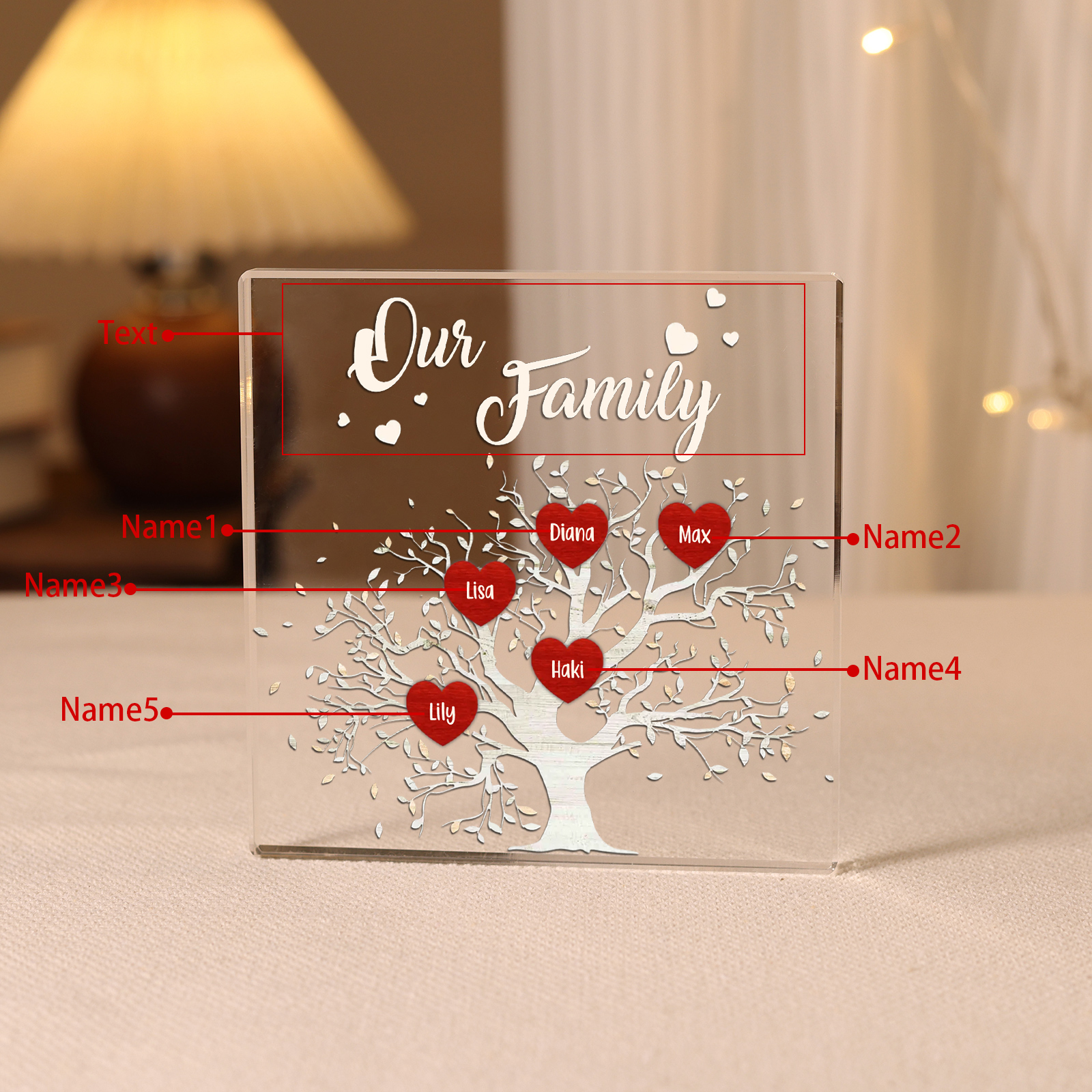5 Names-Personalised Acrylic Family Tree Keepsake-Custom Text and Names-Acrylic Plaque Home Decoration Gift for Dad/Grandad
