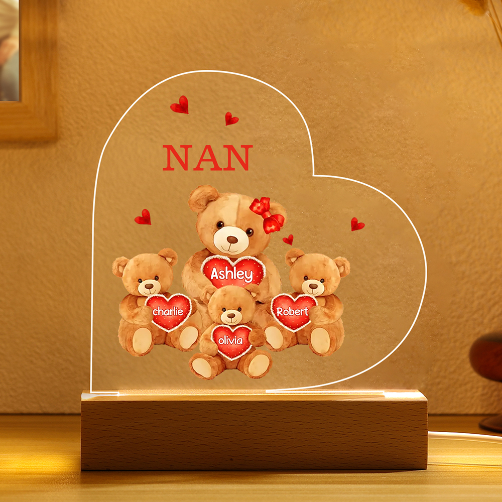 Personalised Heart Acrylic Lamp with Custom 4 Names Teddy Bear Design Night Light Gift for Nan | Jessemade