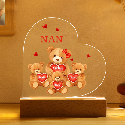 Personalised Heart Acrylic Lamp with Custom 4 Names Teddy Bear Design Night Light Gift for Nan | Jessemade