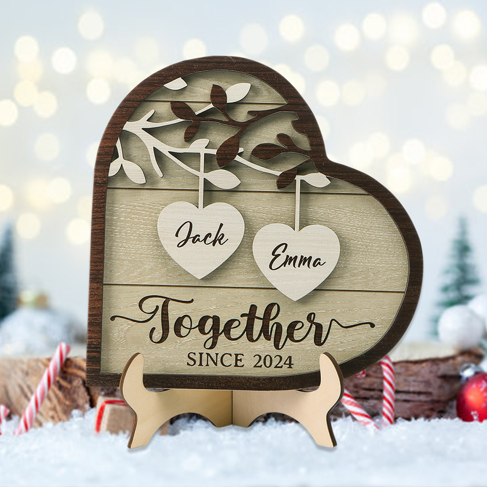 Personalised Heart-Shaped Wooden Frame – Custom 2 Names & Year, Couple Gift for Him/Her | Jessemade