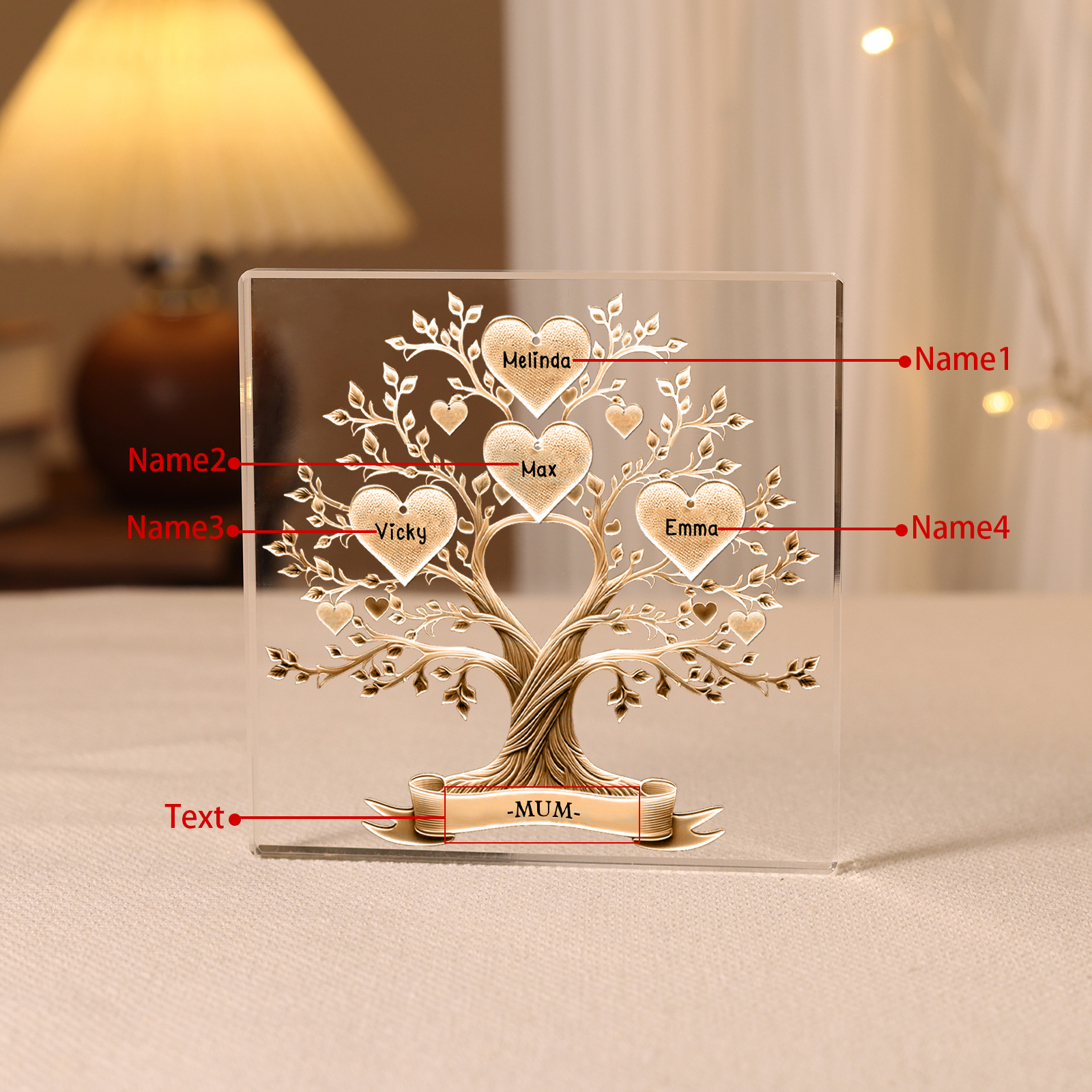 4 Names-Personalised Family Tree Acrylic Keepsake-Custom Text and Names-Acrylic Plaque Home Decoration Gift for Family/Dad/Grandad