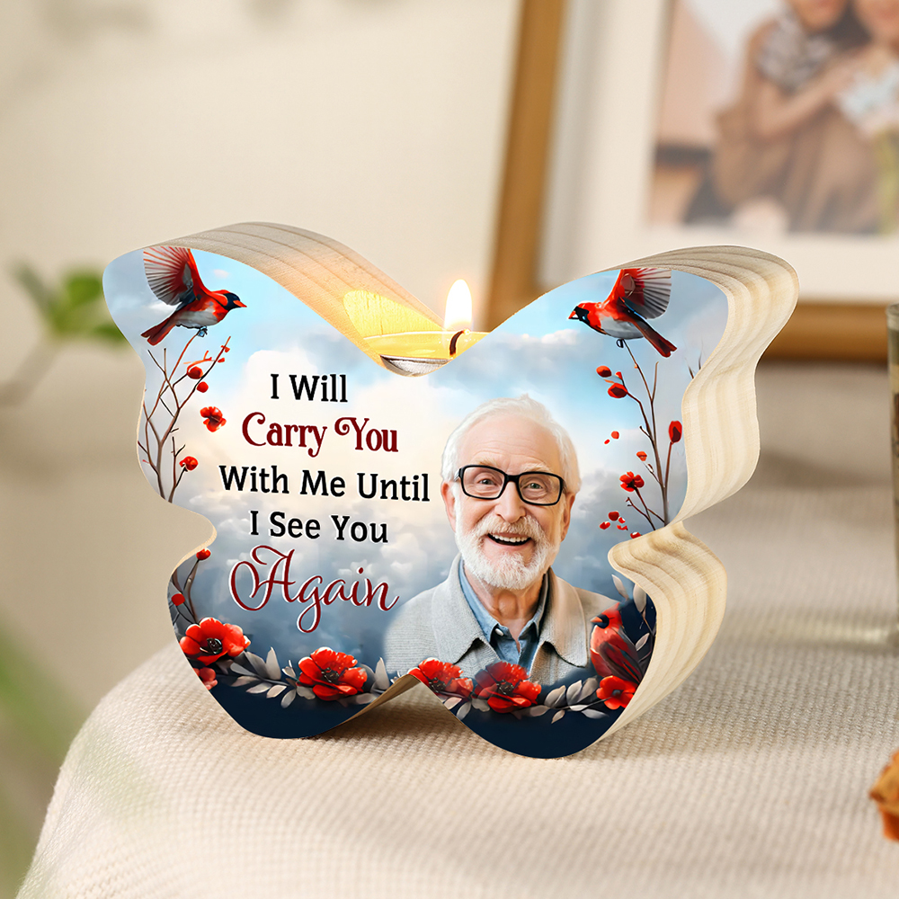 Personalised Wooden Memorial Butterfly-shaped Candle Holder - Custom 1 Photo Remembrance Gift | Jessemade