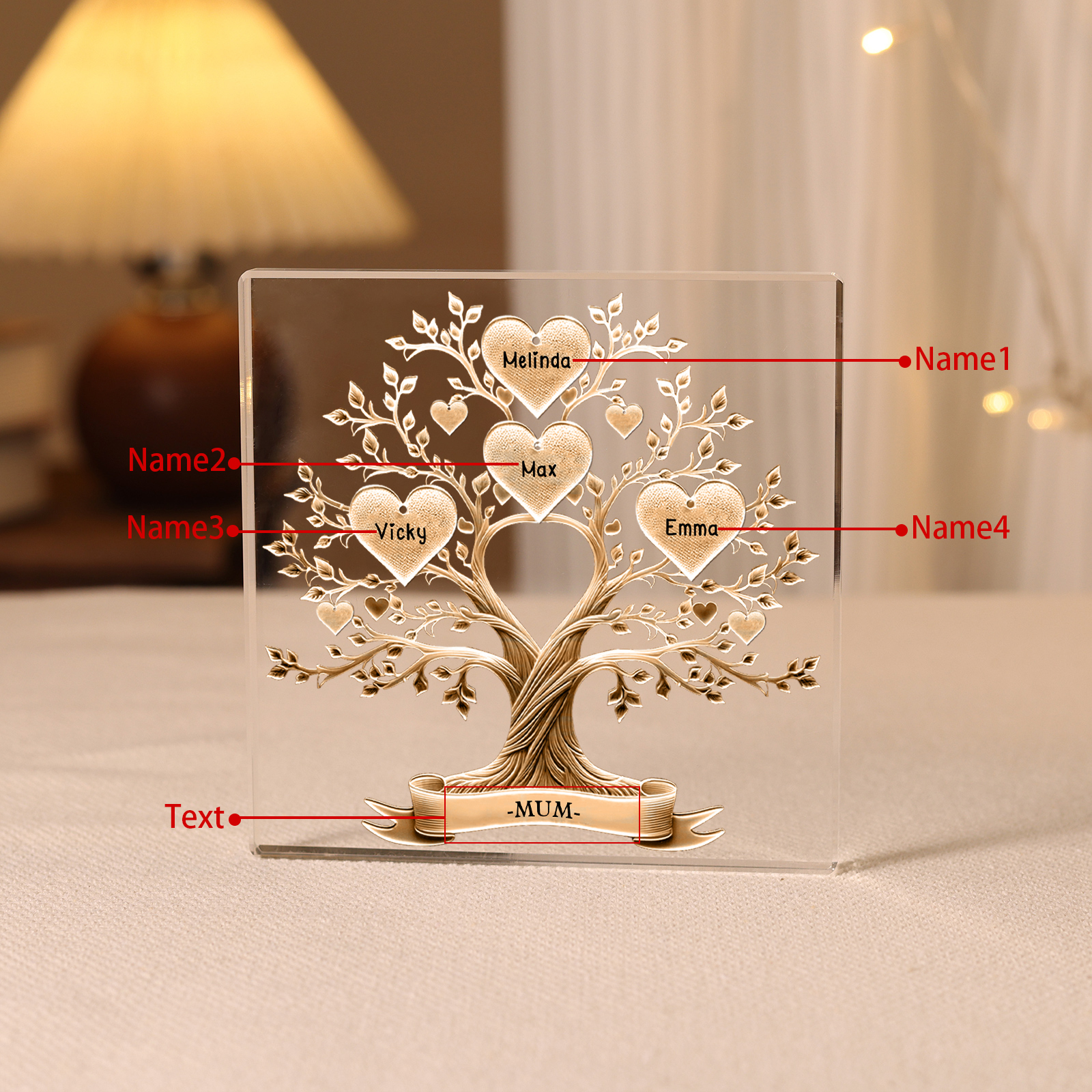 4 Names-Personalised Family Tree Acrylic Keepsake-Custom Text and Names-Acrylic Plaque Home Decoration Gift for Family/Dad/Grandad