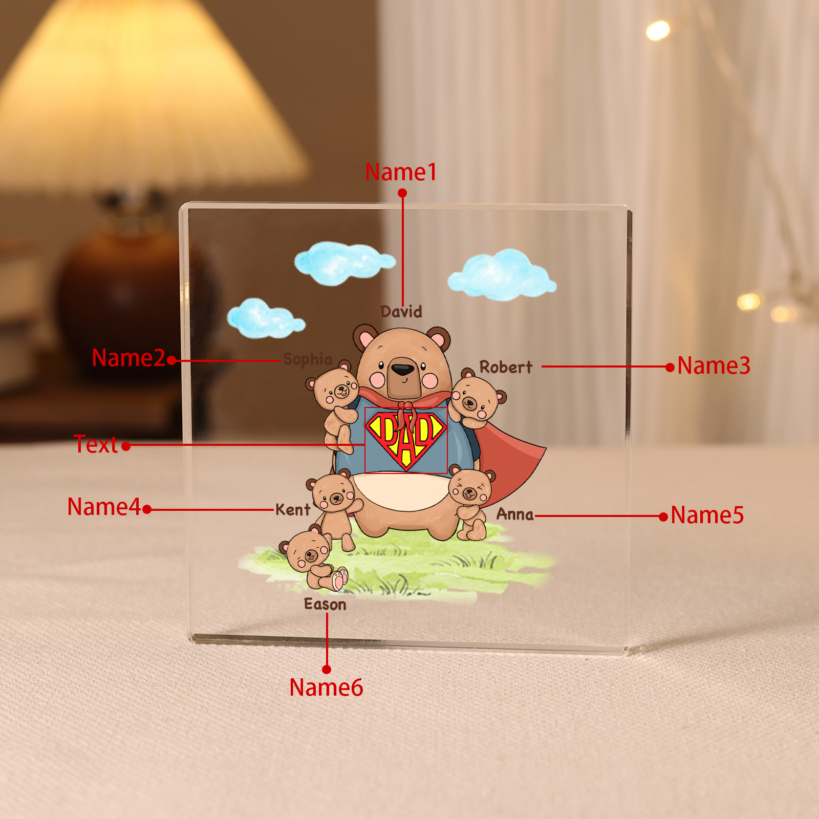 6 Names-Personalised Super Bear Family Acrylic Keepsake-Custom Text and Names-Acrylic Plaque Home Decoration Gift for Dad/Grandad