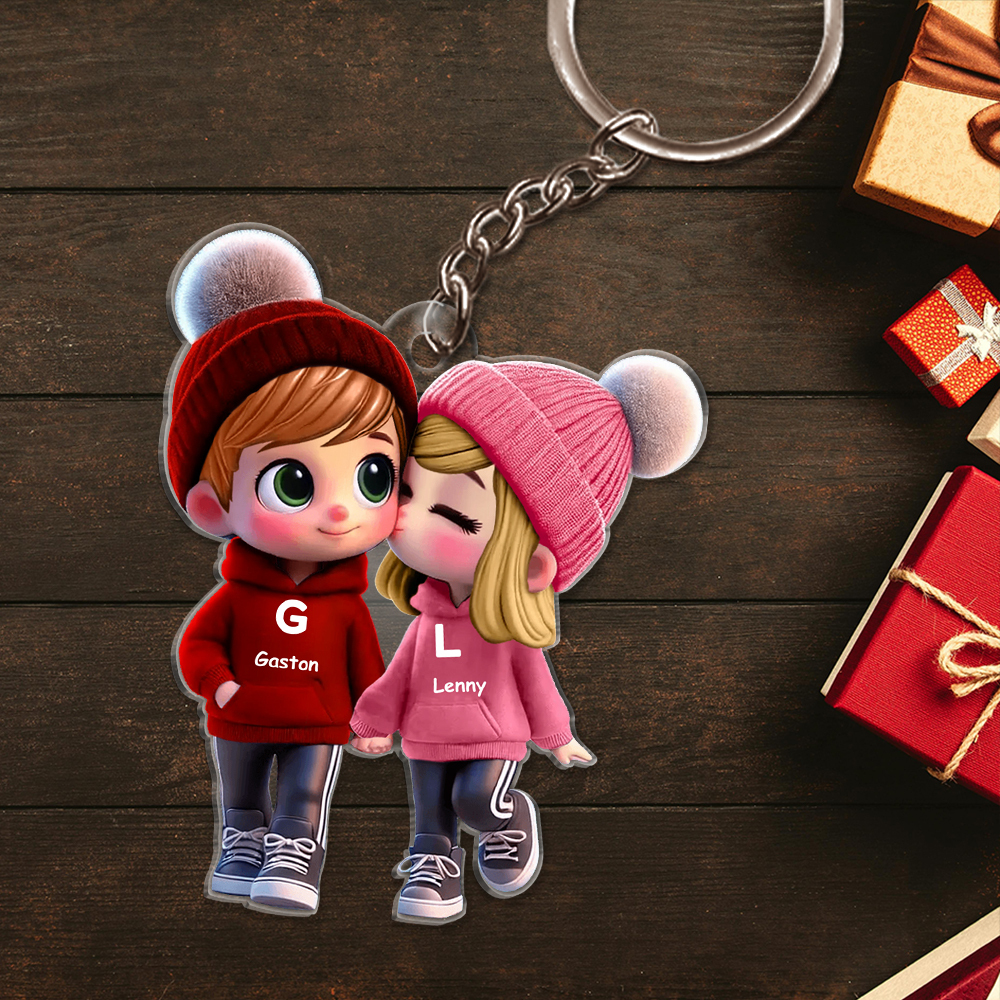Personalised Cartoon Couple Keyring with 2 Names, Letters & Characters - Valentine’s Day Gift for Couple | Jessemade