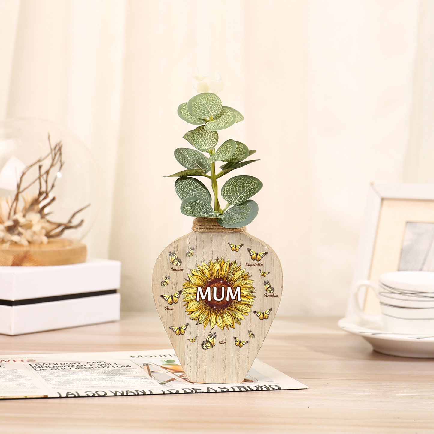 5 Names - Personalized Custom Text and Name Butterfly Style Wooden Decorative Vase as a Gift for Mum