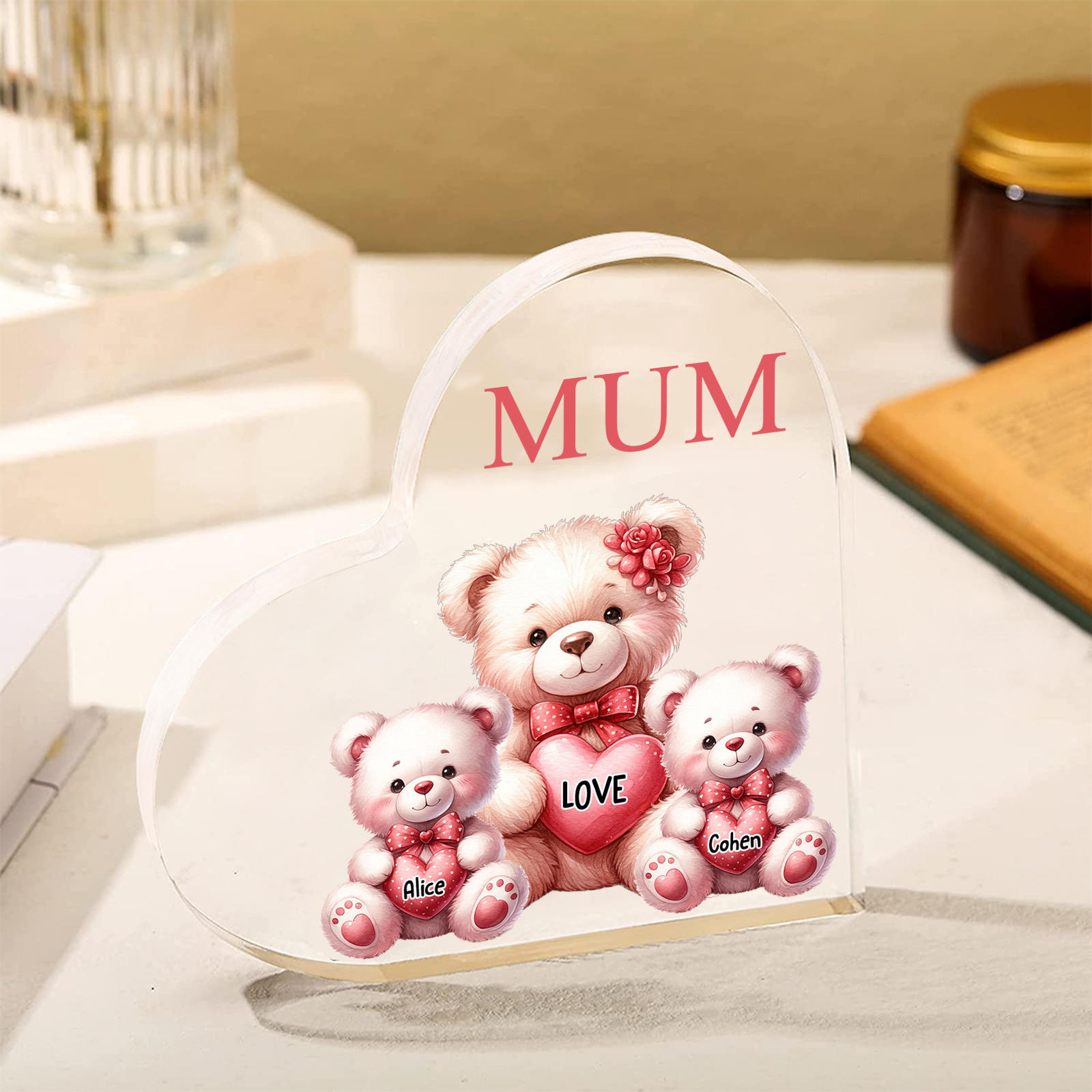 Personalised 2 Names&1Text Bear Heart-Shaped Acrylic Plaque – Custom Family Ornament Gift for Mum/Nan | Jessemade