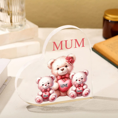 Personalised 2 Names&1Text Bear Heart-Shaped Acrylic Plaque – Custom Family Ornament Gift for Mum/Nan | Jessemade