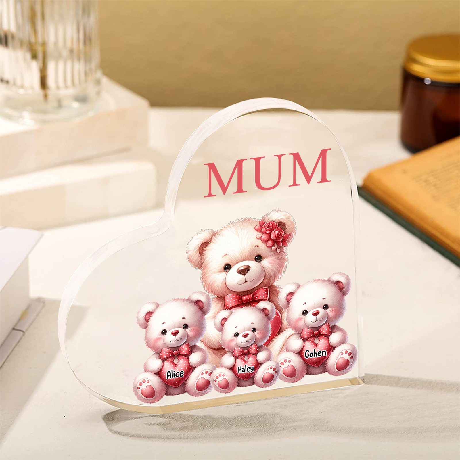 Personalised 3 Names&1Text Bear Heart-Shaped Acrylic Plaque – Custom Family Ornament Gift for Mum/Nan | Jessemade