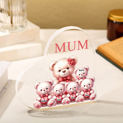 Personalised 5 Names&1Text Bear Heart-Shaped Acrylic Plaque – Custom Family Ornament Gift for Mum/Nan | Jessemade