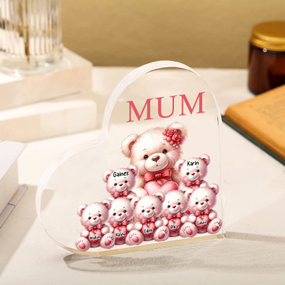 Personalised 7 Names&1Text Bear Heart-Shaped Acrylic Plaque – Custom Family Ornament Gift for Mum/Nan | Jessemade