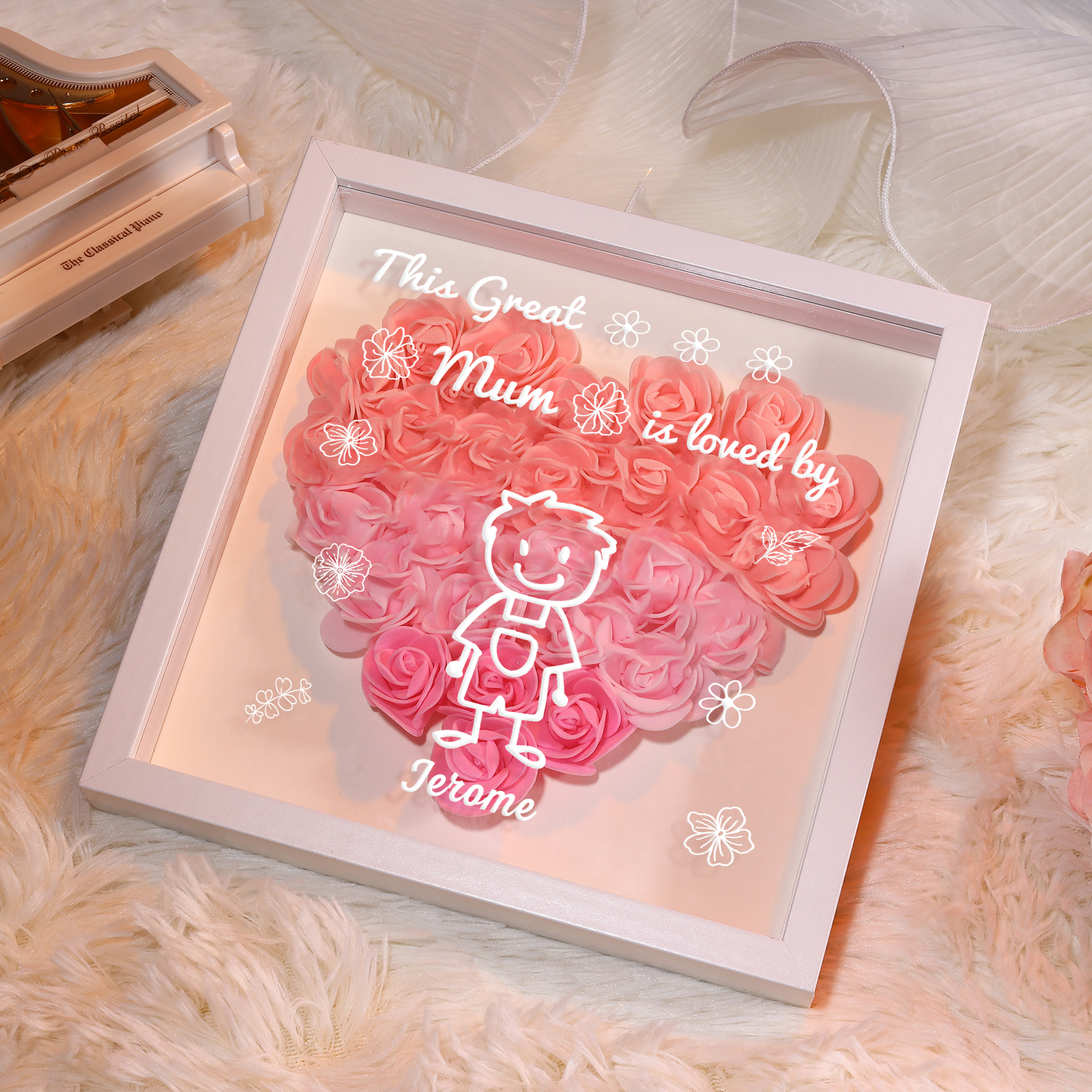 Personalised 3D Floral Shadow Box – Custom 1 Kids&Pet Name –“This Great Mum Is Loved By'- Gift for Mum, Nan & Loved Ones| Jessemade