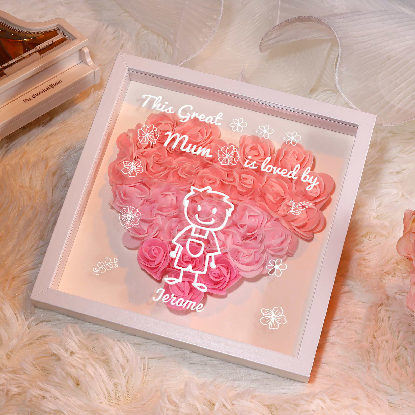 Personalised 3D Floral Shadow Box – Custom 1 Kids&Pet Name –“This Great Mum Is Loved By'- Gift for Mum, Nan & Loved Ones| Jessemade