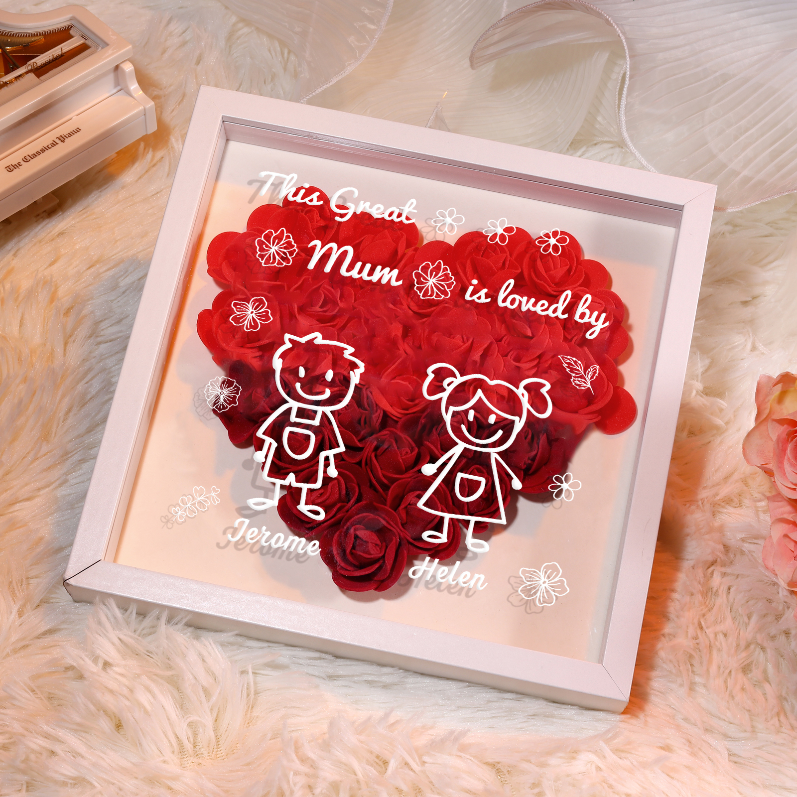 Personalised 3D Floral Shadow Box – Custom 2 Kids&Pets Names –This Great Mum Is Loved By- Gift for Mum, Nan & Loved Ones| Jessemade