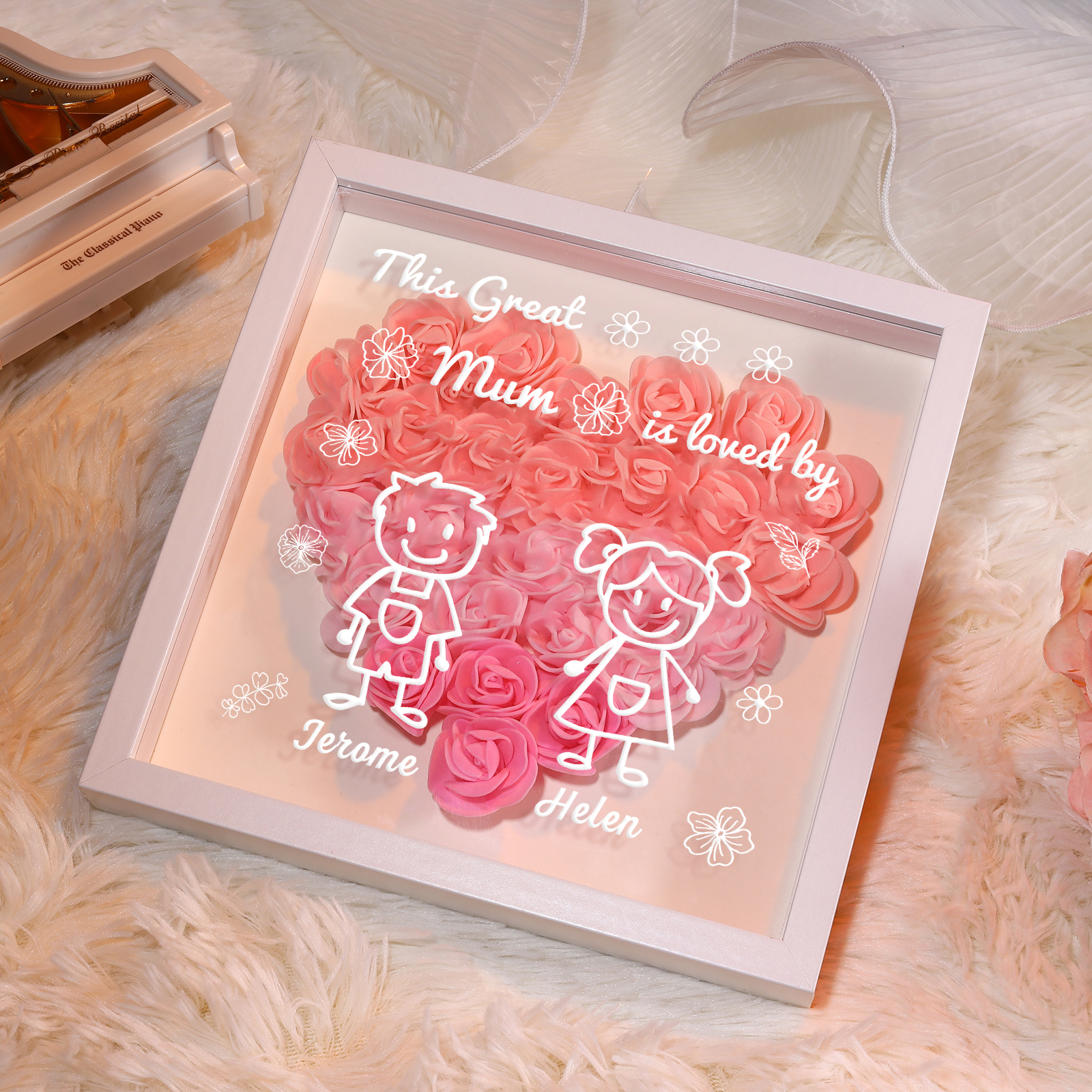 Personalised 3D Floral Shadow Box – Custom 2 Kids&Pets Names –This Great Mum Is Loved By- Gift for Mum, Nan & Loved Ones| Jessemade