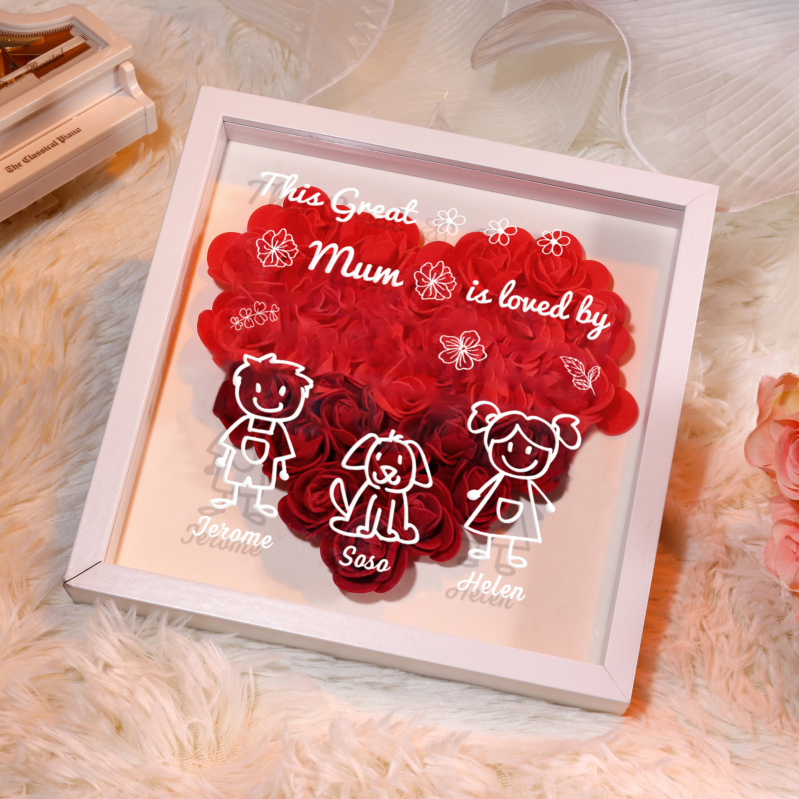Personalised 3D Floral Shadow Box – Custom 3 Kids&Pets Names –This Great Mum Is Loved By- Gift for Mum, Nan & Loved Ones| Jessemade