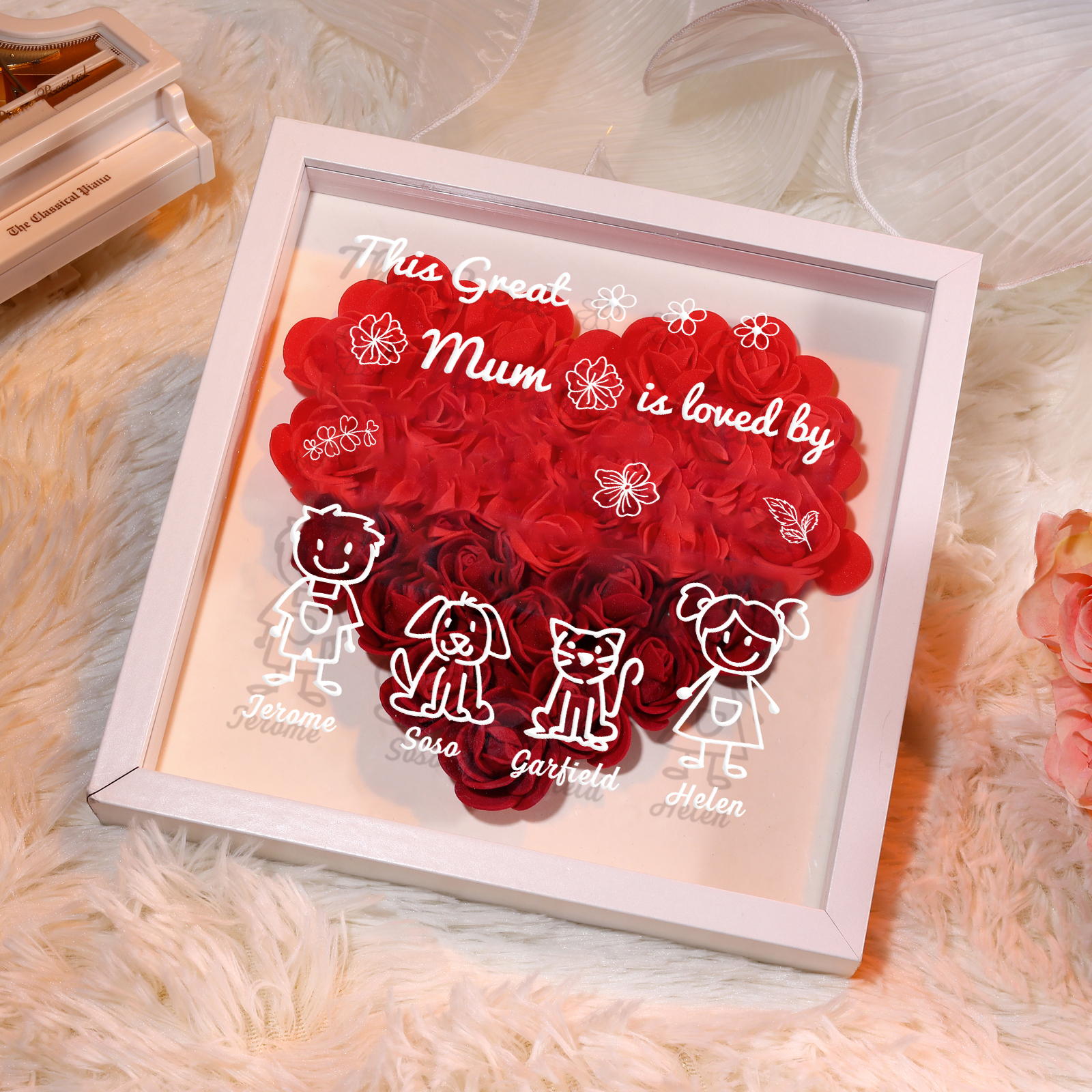 Personalised 3D Floral Shadow Box – Custom 4 Kids&Pets Names –This Great Mum Is Loved By- Gift for Mum, Nan & Loved Ones| Jessemade