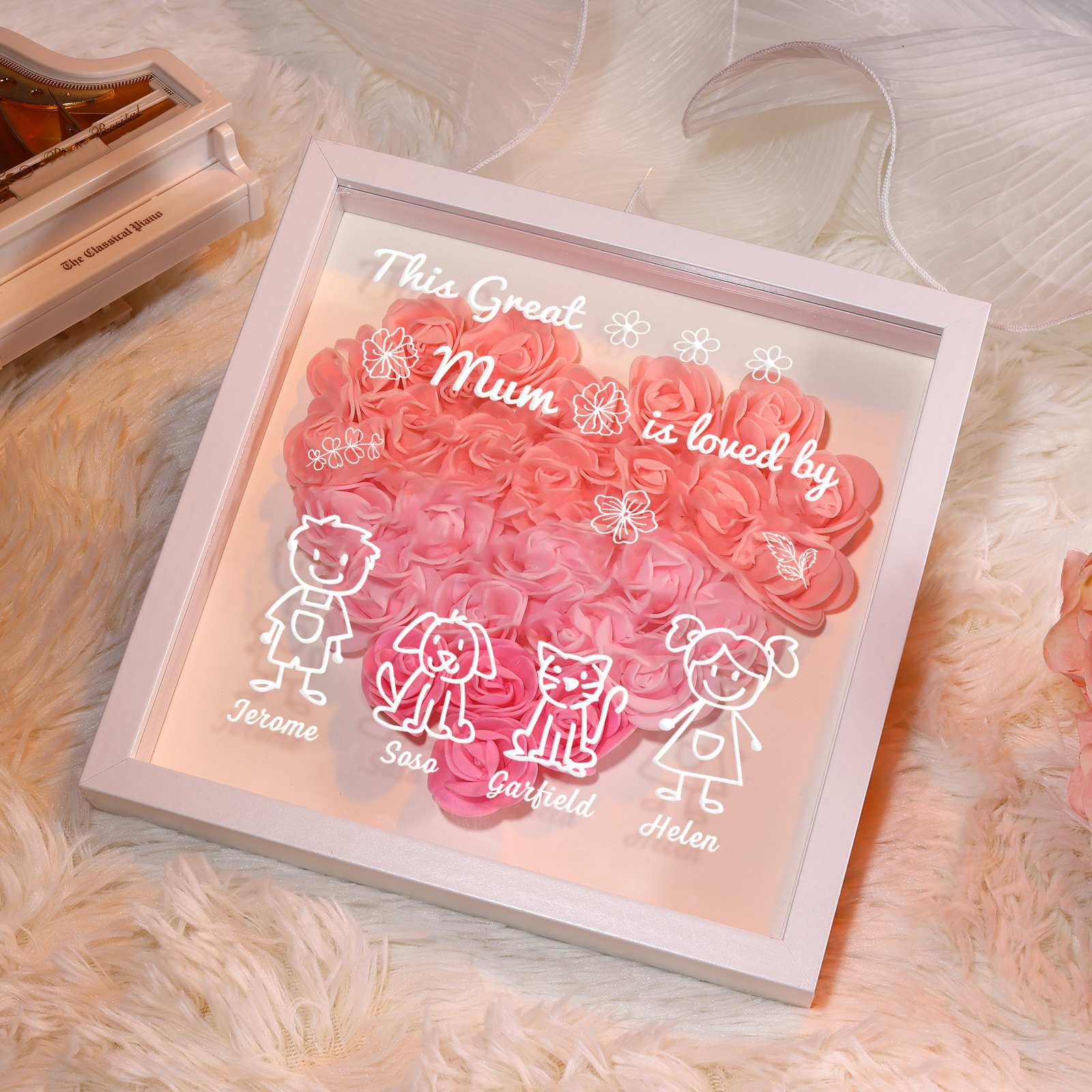 Personalised 3D Floral Shadow Box – Custom 4 Kids&Pets Names –This Great Mum Is Loved By- Gift for Mum, Nan & Loved Ones| Jessemade