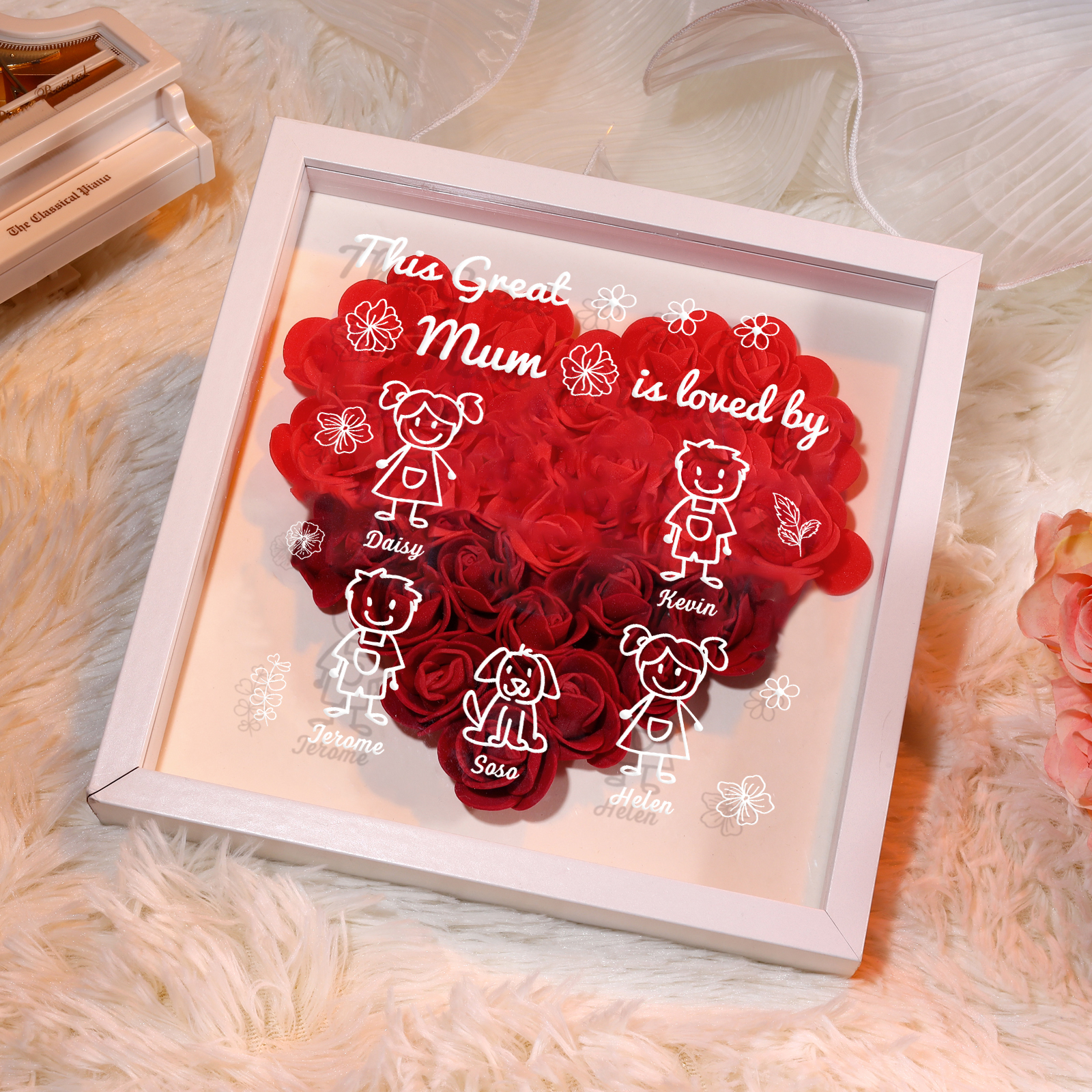 Personalised 3D Floral Shadow Box – Custom 5 Kids&Pets Names –This Great Mum Is Loved By- Gift for Mum, Nan & Loved Ones| Jessemade