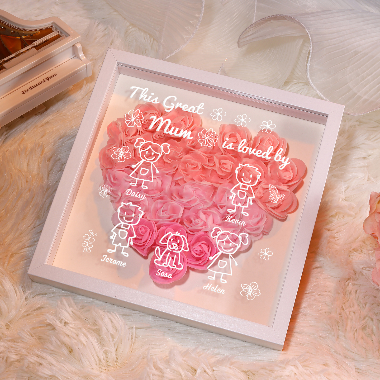 Personalised 3D Floral Shadow Box – Custom 5 Kids&Pets Names –This Great Mum Is Loved By- Gift for Mum, Nan & Loved Ones| Jessemade