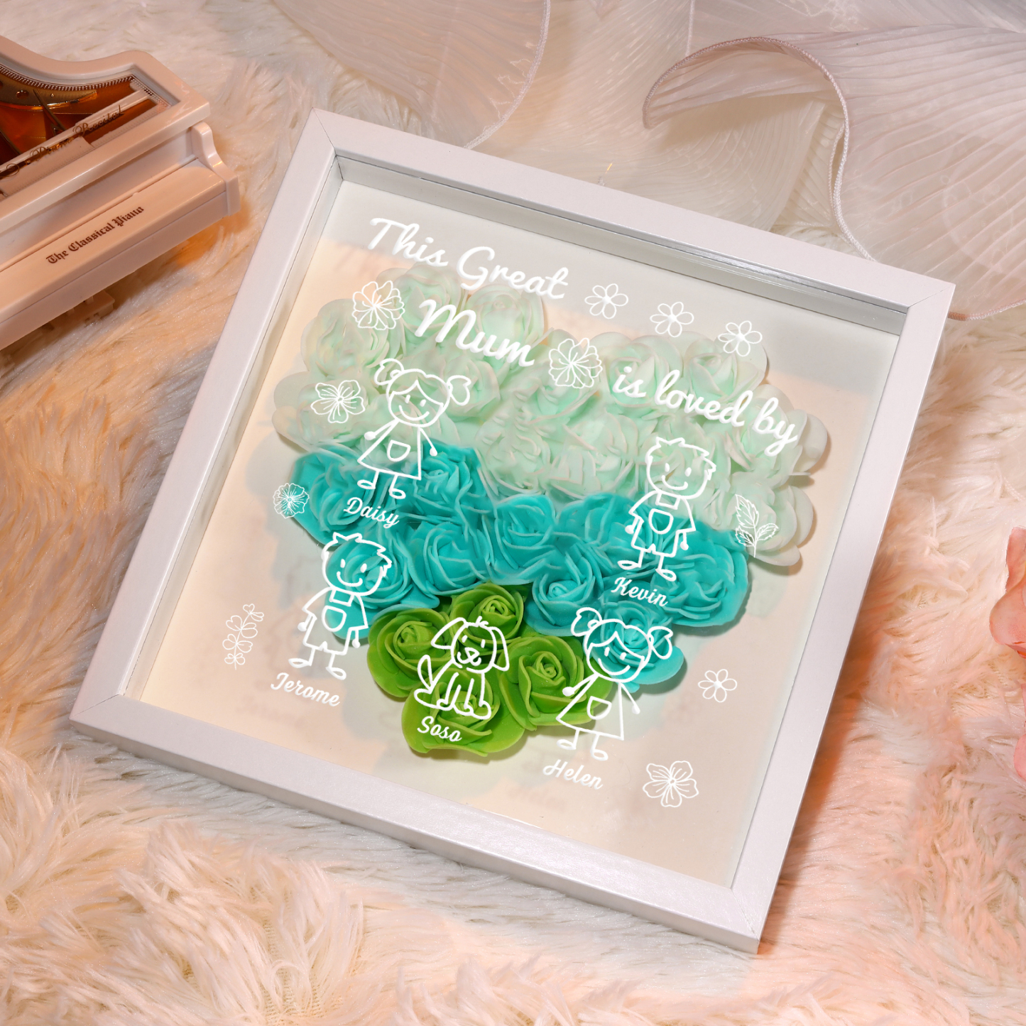 Personalised 3D Floral Shadow Box – Custom 5 Kids&Pets Names –This Great Mum Is Loved By- Gift for Mum, Nan & Loved Ones| Jessemade