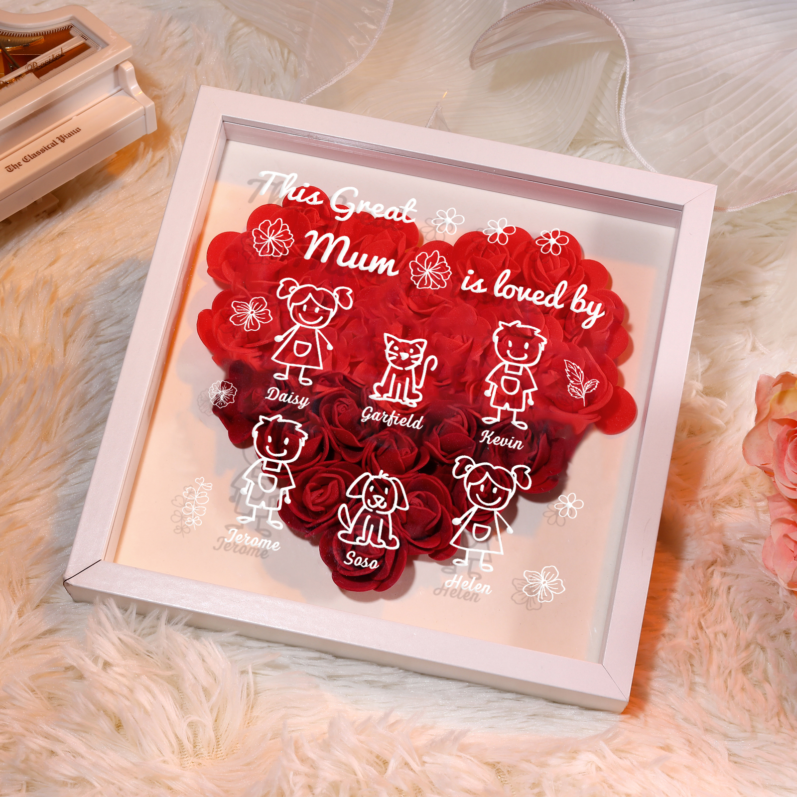 Personalised 3D Floral Shadow Box – Custom 6 Kids&Pets Names –This Great Mum Is Loved By- Gift for Mum, Nan & Loved Ones| Jessemade