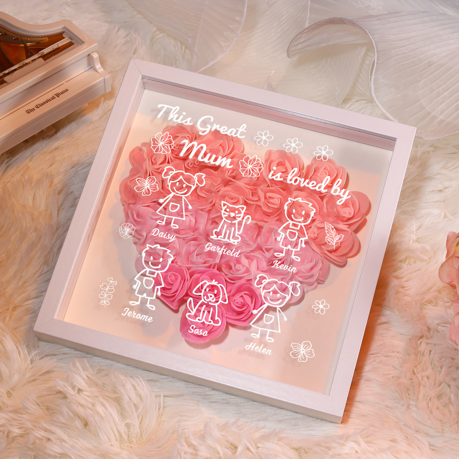 Personalised 3D Floral Shadow Box – Custom 6 Kids&Pets Names –This Great Mum Is Loved By- Gift for Mum, Nan & Loved Ones| Jessemade