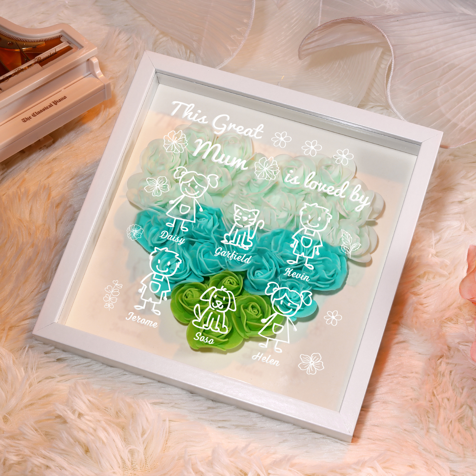 Personalised 3D Floral Shadow Box – Custom 6 Kids&Pets Names –This Great Mum Is Loved By- Gift for Mum, Nan & Loved Ones| Jessemade