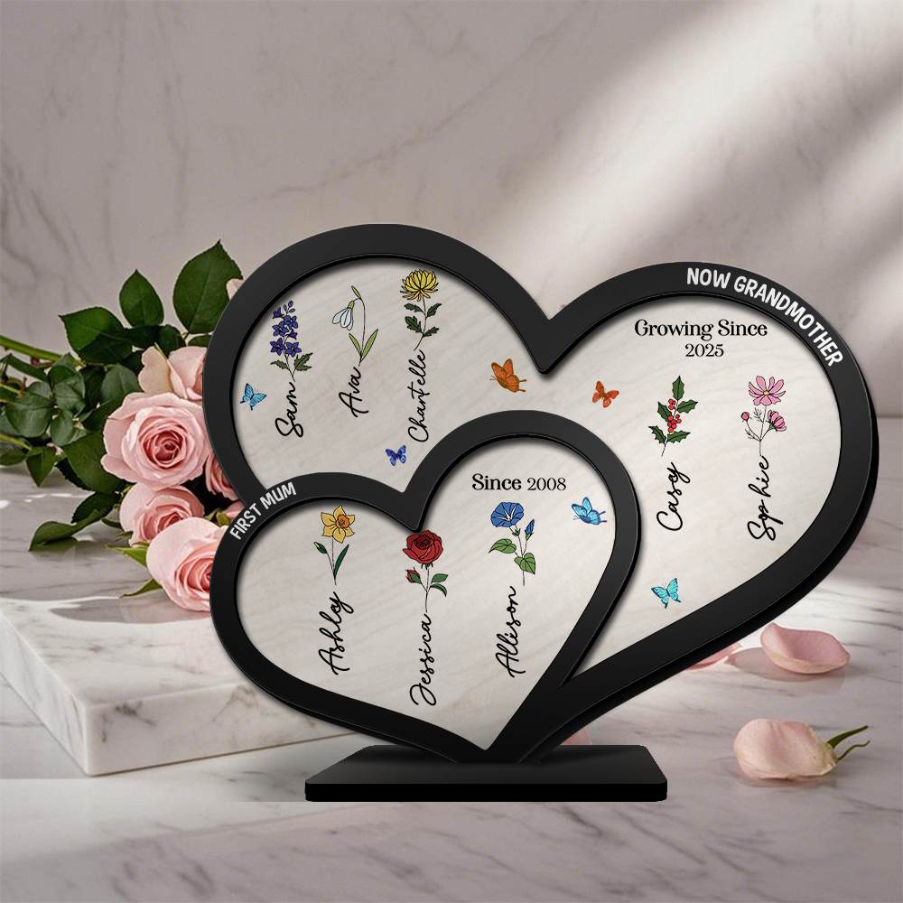 Personalised Flowers Acrylic Heart Plaque Custom 1 Text & 1–10 Names Ornament Gifts for Nan/Mum | Jessemade