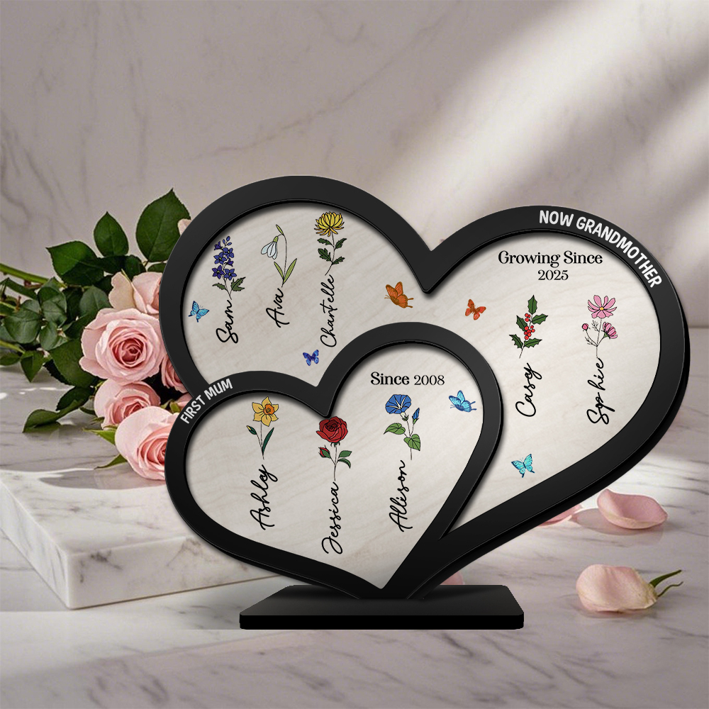 Personalised Flowers Acrylic Heart Plaque Custom 1 Text & 1–10 Names Ornament Gifts for Nan/Mum | Jessemade