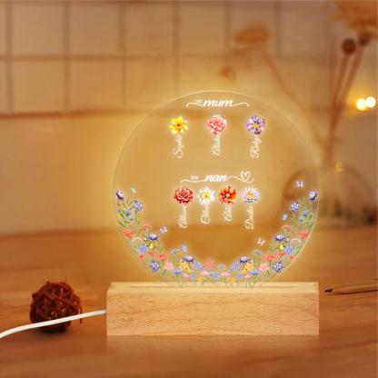 Personalised LED Acrylic Flower Night Light – Custom Gift for Mum and Grandma with Names & Birth Flowers | Jessemade