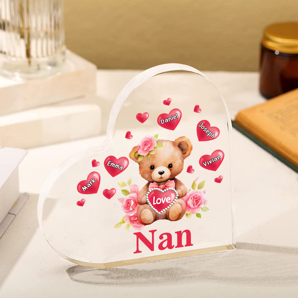 5 Names-Personalized Bear Acrylic Heart Keepsake Custom Text Acrylic Plaque Ornaments Gifts for Nan