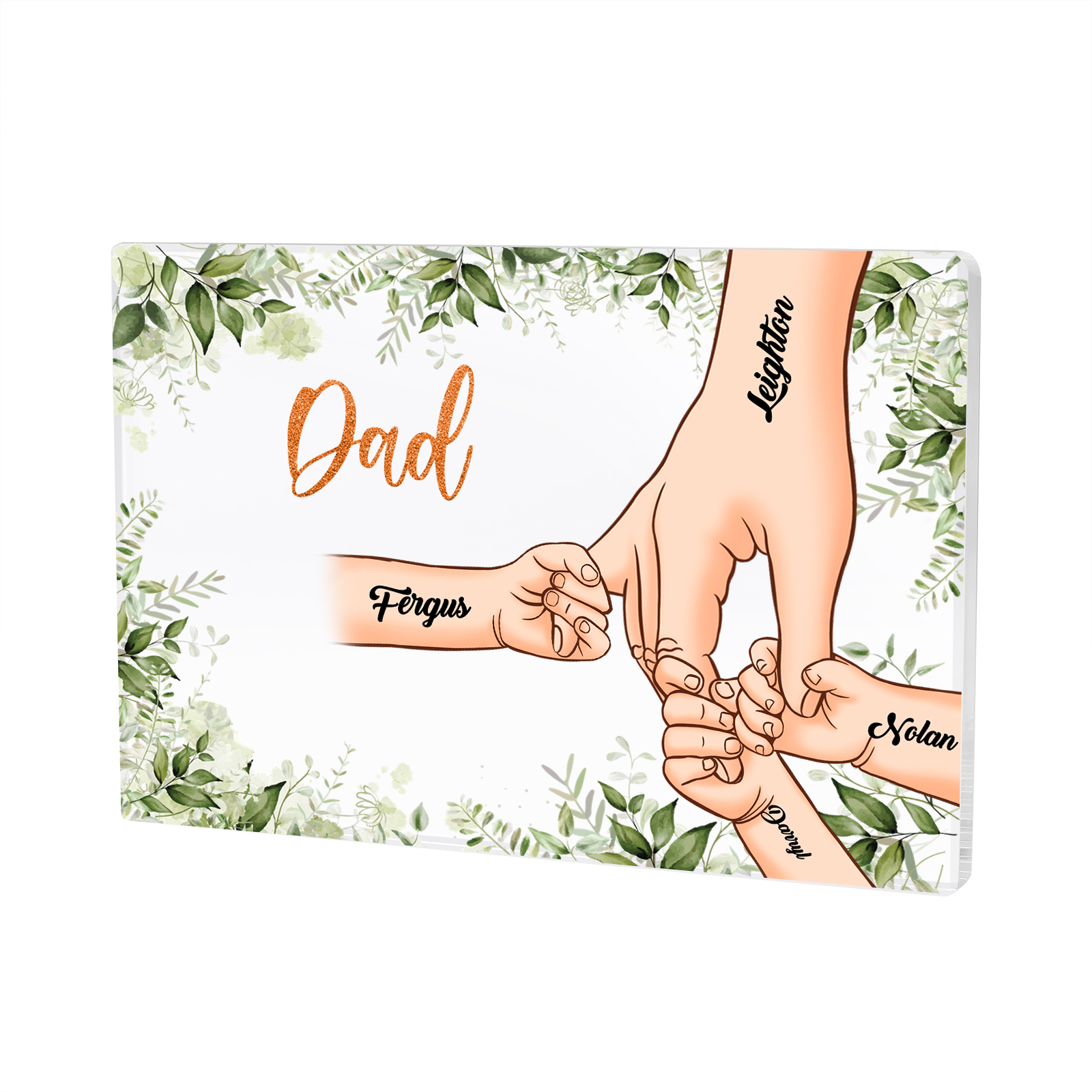 4 Names & 1 Text Personalised Acrylic Plaque for Dad - Custom Holding Hands Style | Jessemade