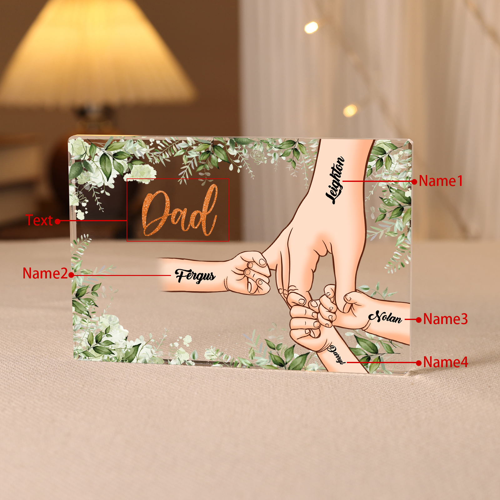 4 Names & 1 Text Personalised Acrylic Plaque for Dad - Custom Holding Hands Style | Jessemade