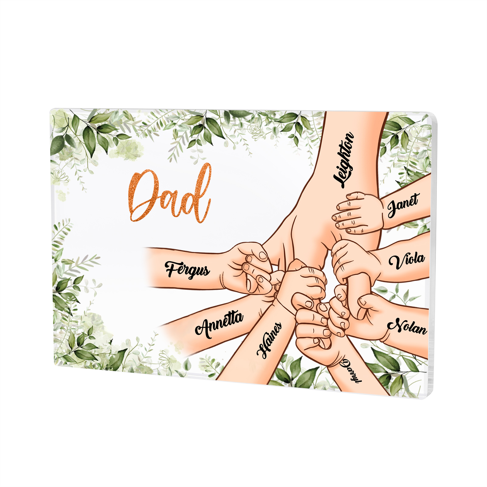8 Names & 1 Text Personalised Acrylic Plaque for Dad - Custom Holding Hands Style | Jessemade