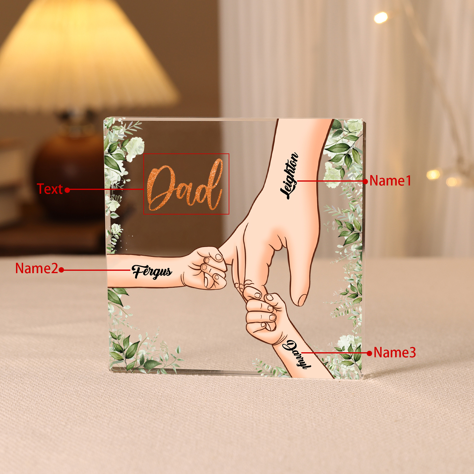 3 Names & 1 Text Personalised Acrylic Plaque for Dad - Custom Holding Hands Father's Day Gift | Jessemade
