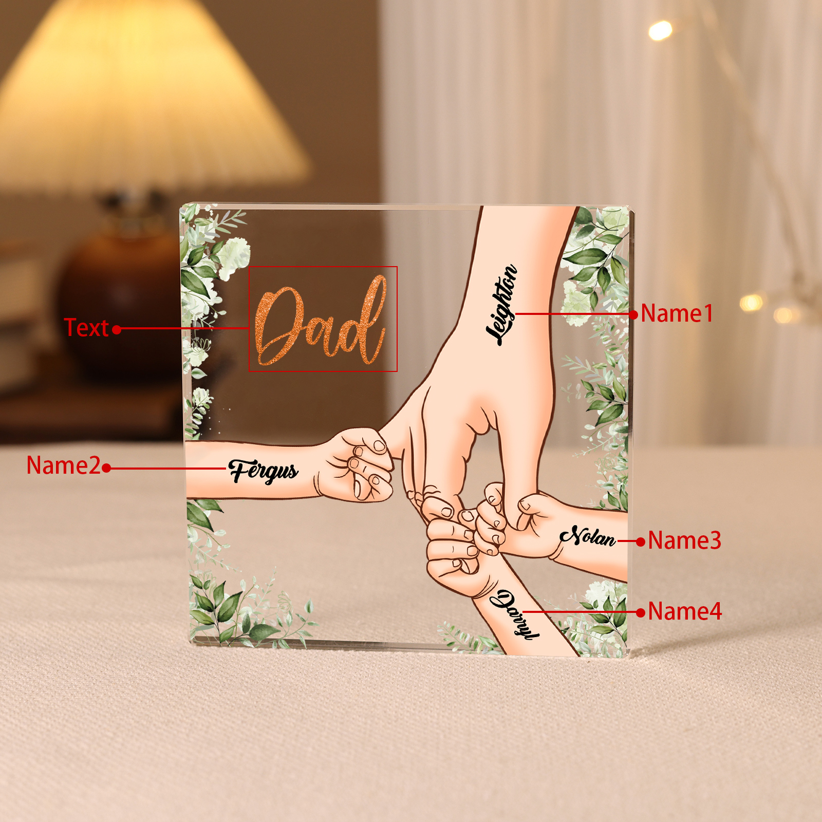 4 Names & 1 Text Personalised Acrylic Plaque for Dad - Custom Holding Hands Father's Day Gift | Jessemade