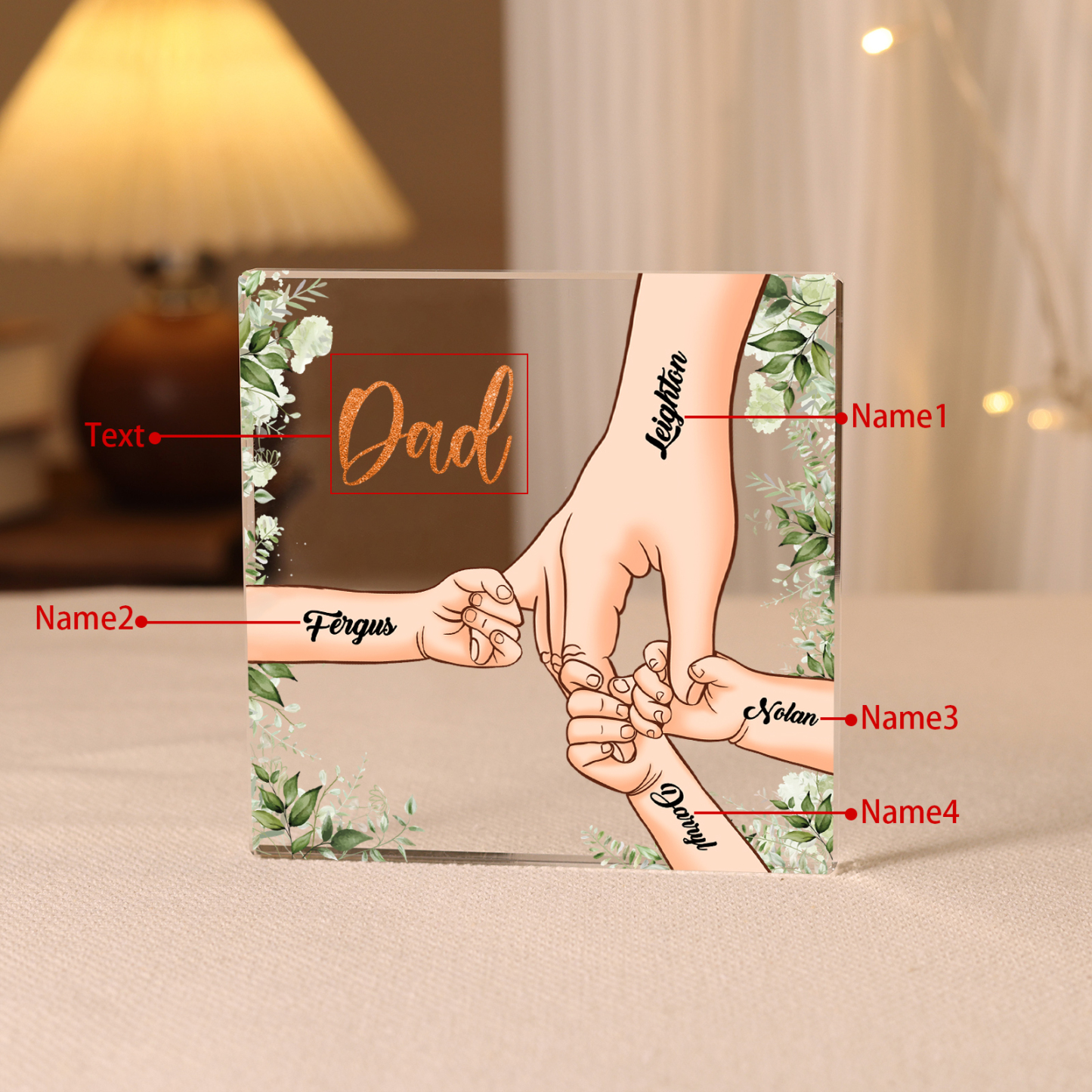4 Names & 1 Text Personalised Acrylic Plaque for Dad - Custom Holding Hands Father's Day Gift | Jessemade