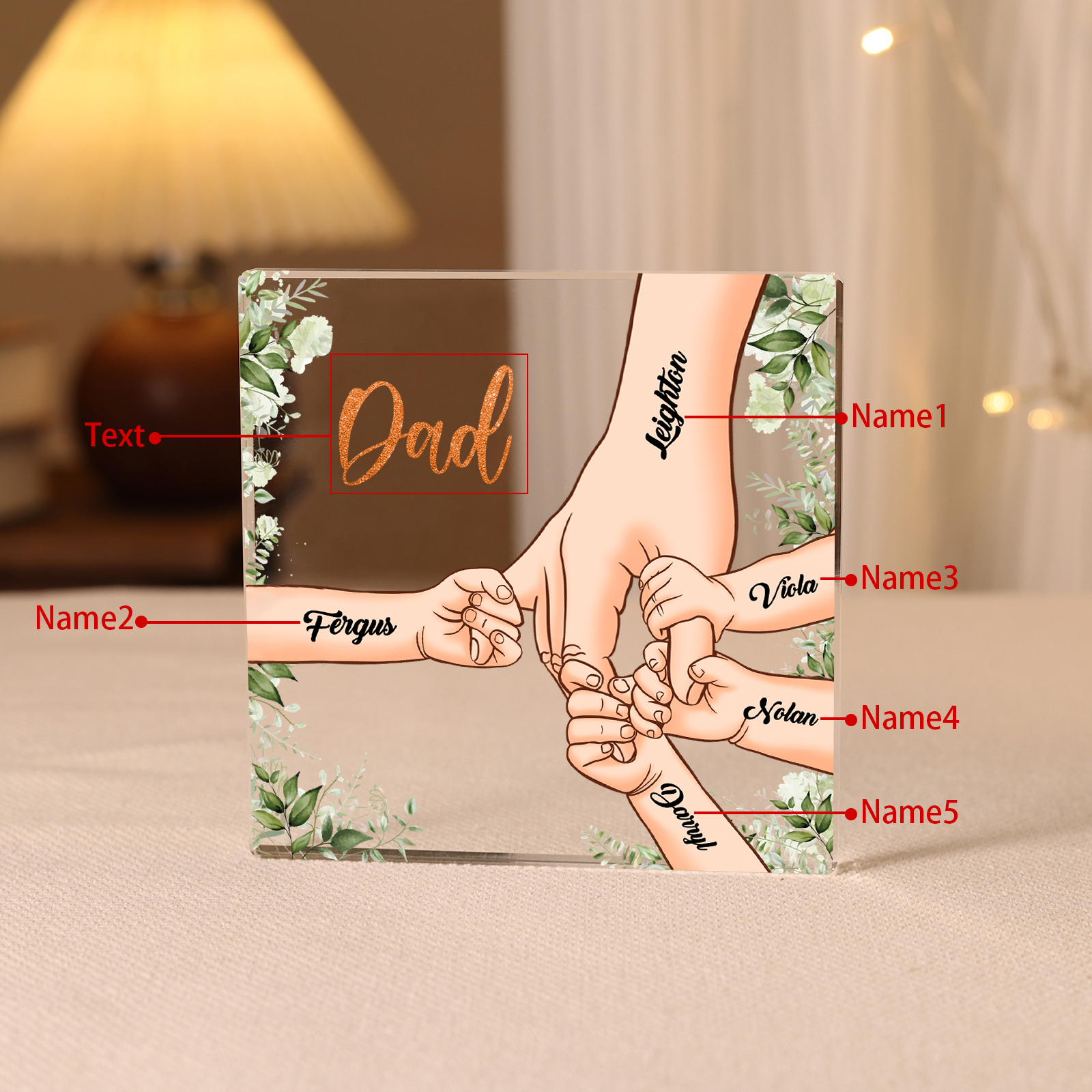 5 Names & 1 Text Personalised Acrylic Plaque for Dad - Custom Holding Hands Father's Day Gift | Jessemade