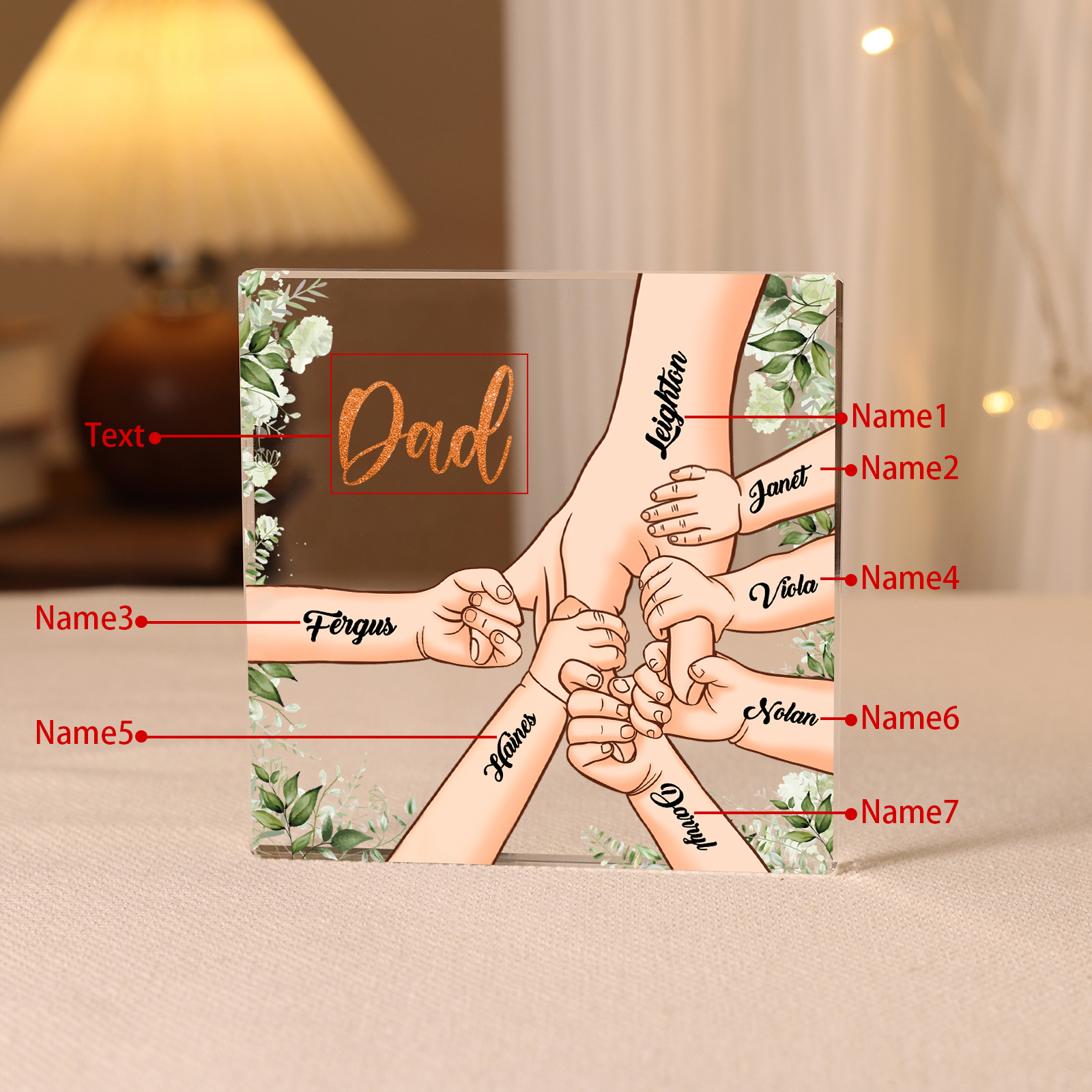 7 Names & 1 Text Personalised Acrylic Plaque for Dad - Custom Holding Hands Father's Day Gift | Jessemade